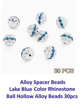 Alloy Spacer Beads, Lake Blue Color Rhinestone Ball Hollow Alloy Beads 6mm 30pcs